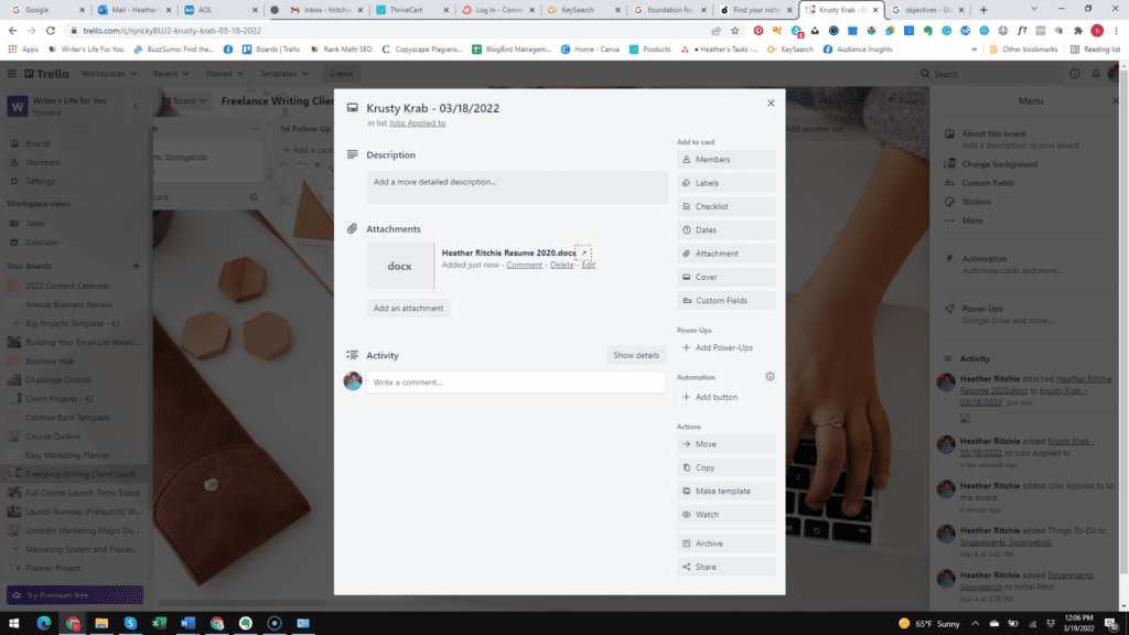 how to use Trello to organize your life example of card to organize your job search