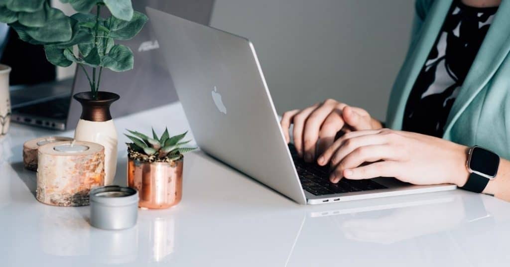 freelance writing client laptop and small plant