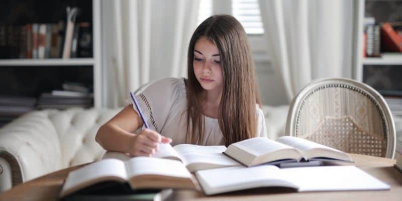 freelance writing niches girl studying at a table with books for an online class