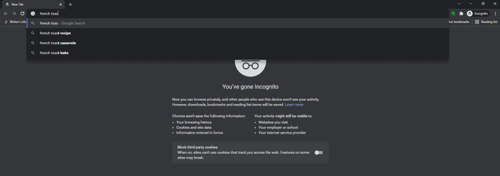 french toast incognito search in Google