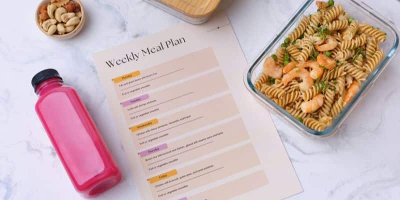 A weekly meal plan on a table next to a bottle of water, showcasing tips for maintaining a work-life balance.