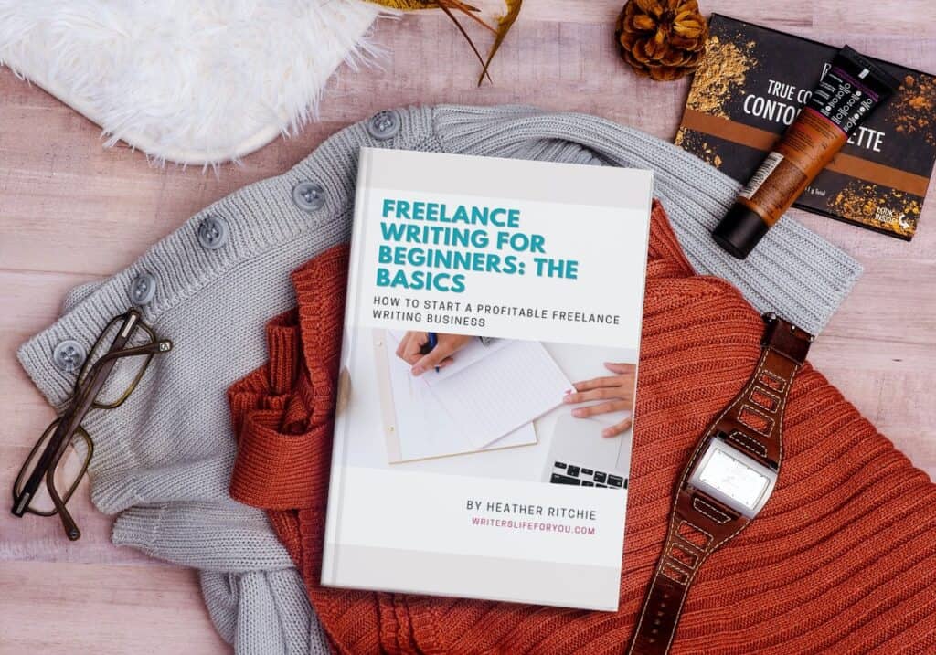 mock up of freelance writing for beginners book on sweaters with watch