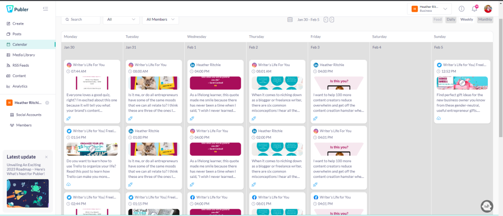 screenshot of the back end of Publer with social media posts scheduled