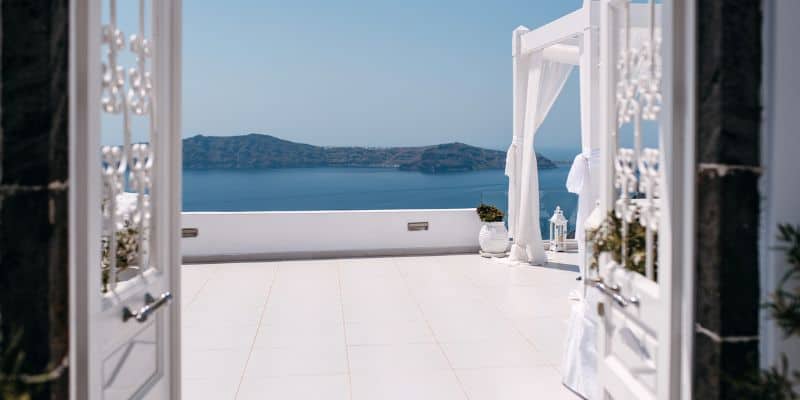 travel blogger view of water from her home in the mediterranean